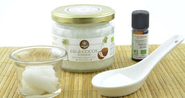 Baking soda, non gmo cornstarch, essential oils and virgin organic coconut oil deodorant, simple homemade recipe