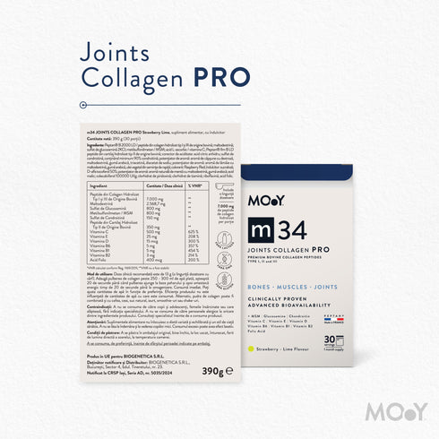 m34 PRO Colagen hidrolizat bovin premium, dovedit clinic, articulatii, 7.000mg tip I, II si III, aroma capsuni si lime, 30 portii, 390 g, Molecules of Youth, natural