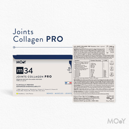 m34 PRO Colagen hidrolizat bovin premium monodoza, dovedit clinic, articulatii, 7.000mg tip I, II si III, aroma capsuni si lime, 15 plicuri, 195 g, Molecules of Youth, natural