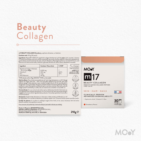 m17 Colagen hidrolizat marin premium, dovedit clinic, beauty, 6.000mg tip I si III, aroma capsuni, 30 portii, 210 g, Molecules of Youth, natural