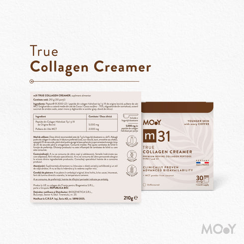 m31 True collagen creamer, colagen hidrolizat bovin premium, dovedit clinic, beauty, 5.000mg, tip I si III, fara aroma, 210 g, 30 portii, Molecules of Youth, natural