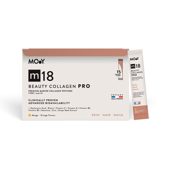 m18 PRO Colagen hidrolizat marin premium monodoza, dovedit clinic, beauty, 6.300mg tip I si III, aroma mango si portocale, 15 plicuri, 120 g, Molecules of Youth, natural
