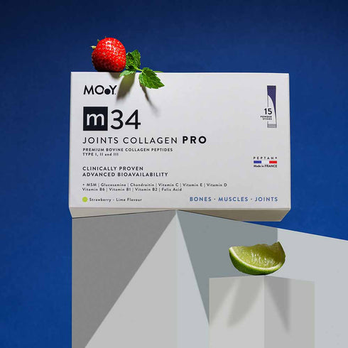m34 PRO Colagen hidrolizat bovin premium monodoza, dovedit clinic, articulatii, 7.000mg tip I, II si III, aroma capsuni si lime, 15 plicuri, 195 g, Molecules of Youth, natural