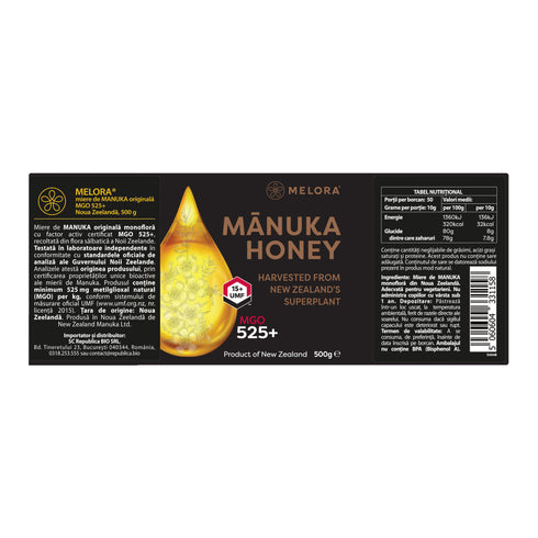 Miere de Manuka MELORA, MGO 525+ (UMF 15) Noua Zeelanda, 500 g, naturala