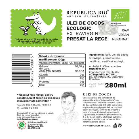 Ulei de cocos Republica BIO 280 ml, extravirgin, presat la rece, bio
