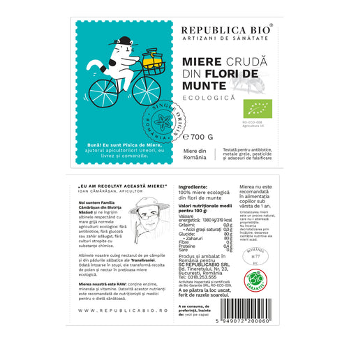 Miere ecologica poliflora cruda din Flori de Munte, Republica BIO, 700g