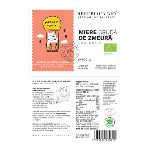 Miere de Zmeura ecologica cruda Republica BIO, 700 g