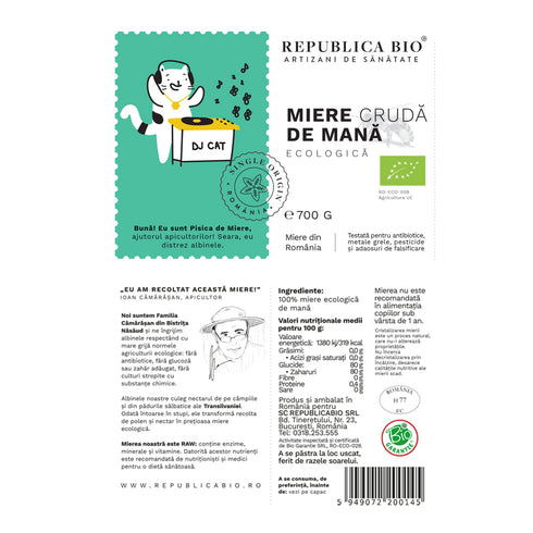Miere de Mana ecologica cruda Republica BIO, 700 g