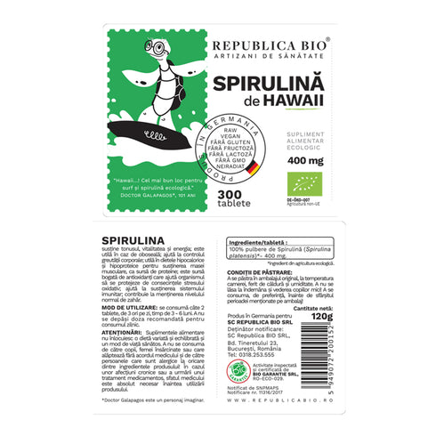 Spirulina Ecologica de Hawaii (400 mg) Republica BIO, 300 tablete (120 g)