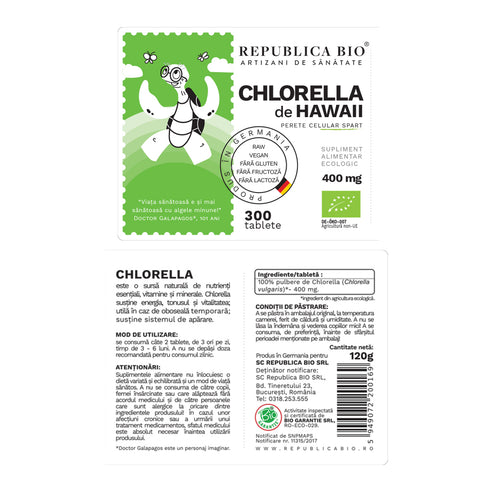Chlorella bio de Hawaii (400 mg) Republica BIO, 300 tablete (120 g), ecologica