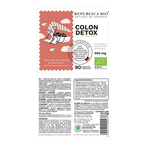 Colon Detox (500 mg) supliment alimentar Ecologic Republica BIO, 90 capsule (53,5 g)