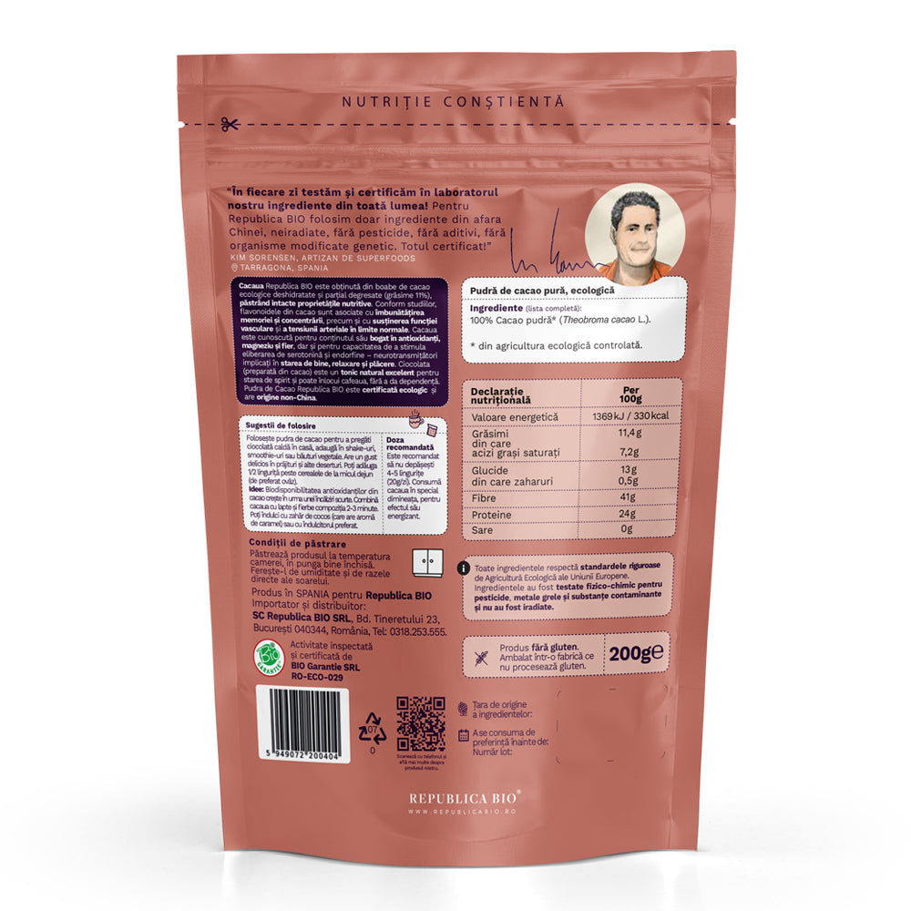 【cacaoページ】 Cacao, pulbere ecologica pura Republica BIO, 200 g