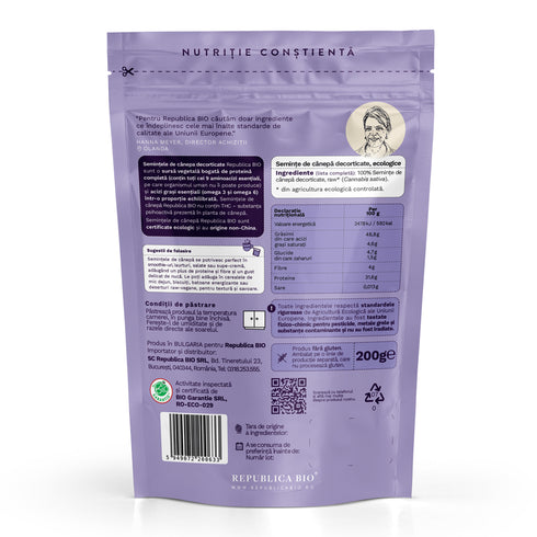 Seminte Bio de canepa decorticate FARA GLUTEN Republica BIO, 200g