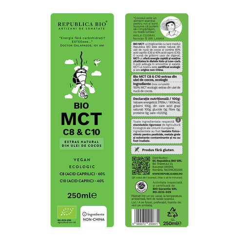 Bio MCT C8 & C10 extras natural din ulei de cocos, ecologic, fara gluten Republica BIO, 250ml