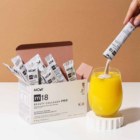 m18 PRO Colagen hidrolizat marin premium monodoza, dovedit clinic, beauty, 6.300mg tip I si III, aroma mango si portocale, 15 plicuri, 120 g, Molecules of Youth, natural