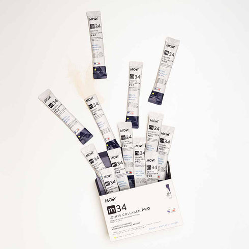 m34 PRO Colagen hidrolizat bovin premium monodoza, dovedit clinic, articulatii, 7.000mg tip I, II si III, aroma capsuni si lime, 15 plicuri, 195 g, Molecules of Youth, natural