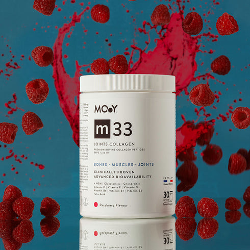 m33 Colagen hidrolizat bovin premium, dovedit clinic, articulatii, 7.000mg tip I si III, aroma zmeura, 30 portii, 390 g, Molecules of Youth, natural