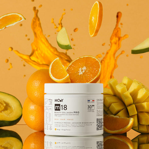 m18 PRO Colagen hidrolizat marin premium, dovedit clinic, beauty, 6.300mg tip I si III, aroma mango si portocale, 30 portii, 240 g, Molecules of Youth, natural