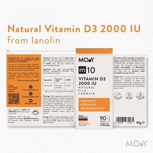 m10 Natural Vitamin D3 2000 IU from lanolin, 90 tablete, 45 g, Molecules of Youth, natural