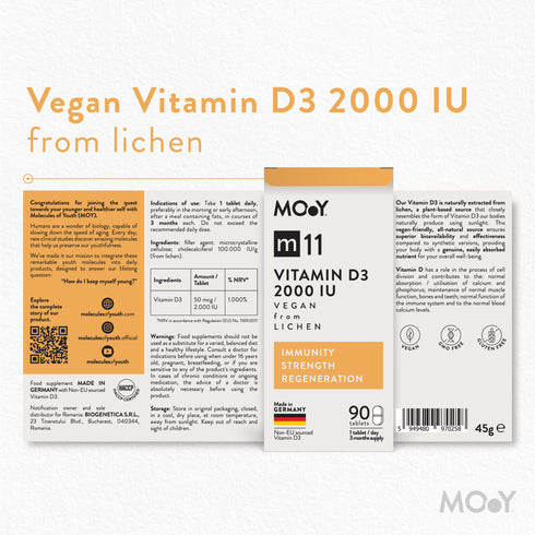 m11 Vegan Vitamin D3 2000 IU from lichen, 90 tablete, 45 g, Molecules of Youth, natural