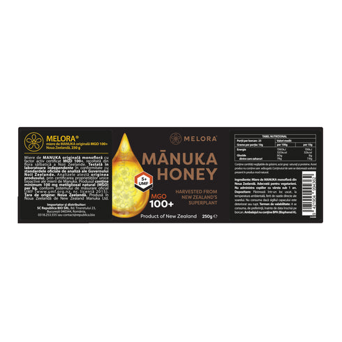 Miere de Manuka Melora, MGO 100+ (UMF 5) Noua Zeelanda, 250 g, naturala