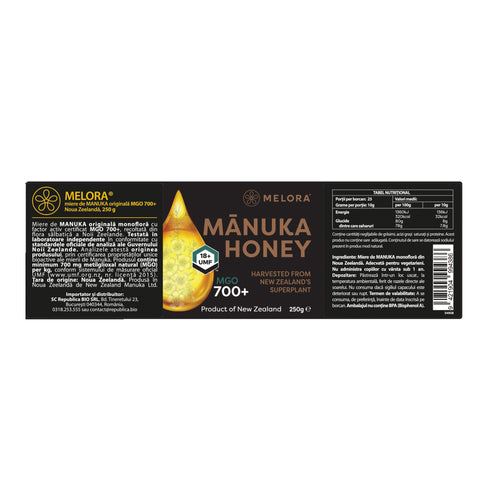 Miere de Manuka Melora, MGO 700+ (UMF 18) Noua Zeelanda, 250 g, naturala