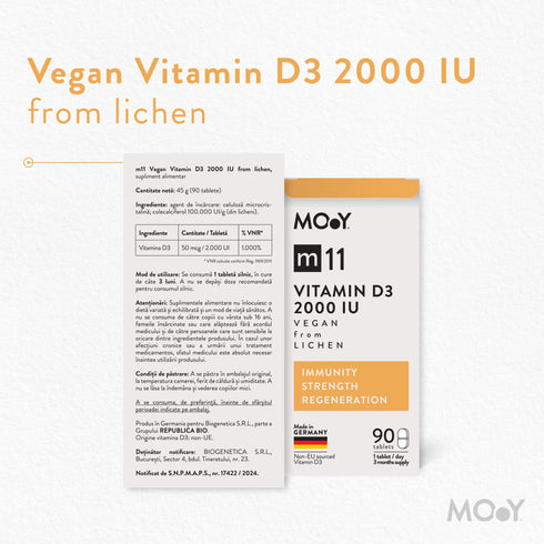 m11 Vegan Vitamin D3 2000 IU from lichen, 90 tablete, 45 g, Molecules of Youth, natural