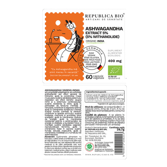 Ashwagandha Ecologica din India (400 mg) - extract 5% Republica BIO, 60 capsule (29,7 g)