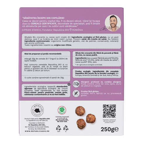 Bilute Bio crocante de ciocolata FARA GLUTEN Republica BIO, bio, 250 g