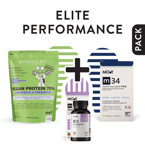 Performance Elite, pachet promotional (Vegan Protein 70% cookie + m34 JOINTS COLLAGEN PRO Strawberry Lime + m35 Complete Magnesium)