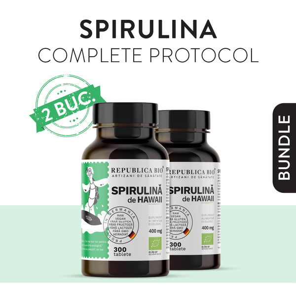 SPIRULINA COMPLETE PROTOCOL, pachet promotional, cura completa pentru 100 de zile, BIO, RAW, VEGAN, ecologic