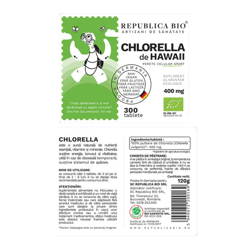 Chlorella bio de Hawaii (400 mg) Republica BIO, 300 tablete (120 g), ecologica