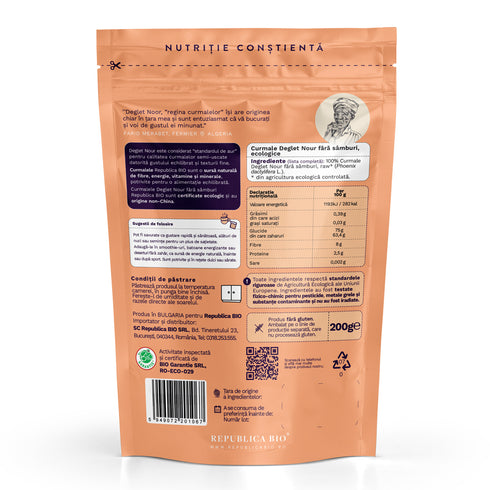 Curmale fara samburi Deglet Nour ecologice, FARA GLUTEN, Republica BIO, 200g