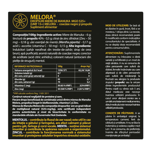 Dropsuri miere de Manuka MGO 525+ (UMF 15+) Melora - coacaze negre si propolis, 12 buc, 48g, naturale
