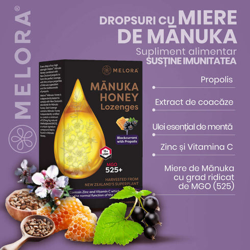Dropsuri miere de Manuka MGO 525+ (UMF 15+) Melora - coacaze negre si propolis, 12 buc, 48g, naturale