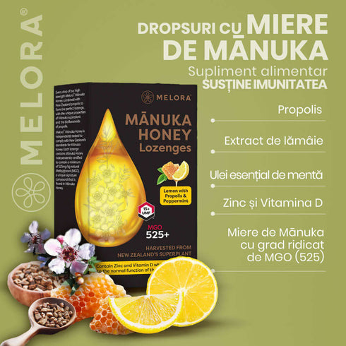 Dropsuri miere de Manuka MGO 525+ (UMF 15+) Melora - lamaie si propolis, 12 buc, 48g, naturale
