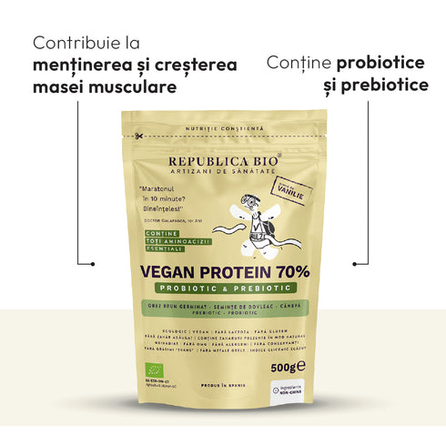 Mega Pack Vegan Protein 70% - Probiotic & Prebiotic Republica BIO, 500g, ecologic, gust vanilie