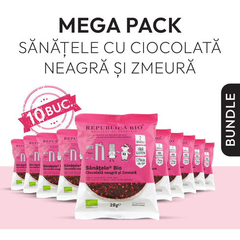 Mega Pack SANATELE BIO Ciocolata neagra si Zmeura, ecologic, fara gluten, 28g