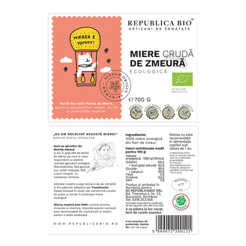Miere de Zmeura ecologica cruda Republica BIO, 700 g