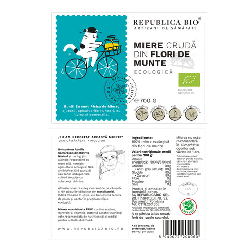 Miere ecologica poliflora cruda din Flori de Munte, Republica BIO, 700g