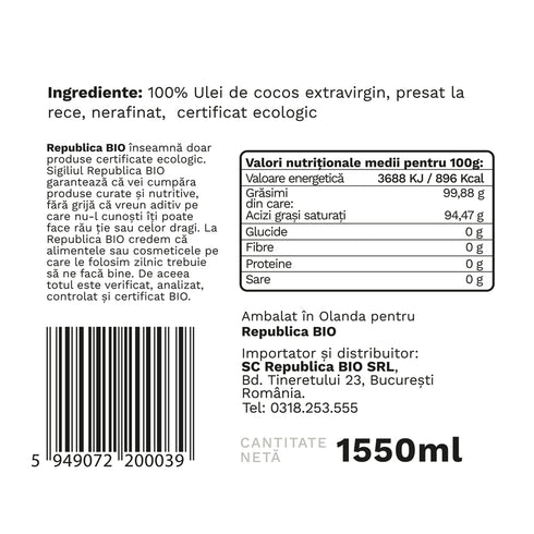 Ulei de cocos Republica BIO 1550 ml, extravirgin, presat la rece, bio