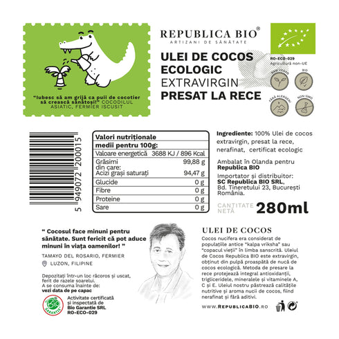 Ulei de cocos Republica BIO 280 ml, extravirgin, presat la rece, bio