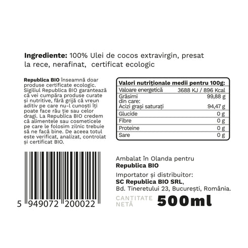 Ulei de cocos Republica BIO 500 ml, extravirgin, presat la rece, bio