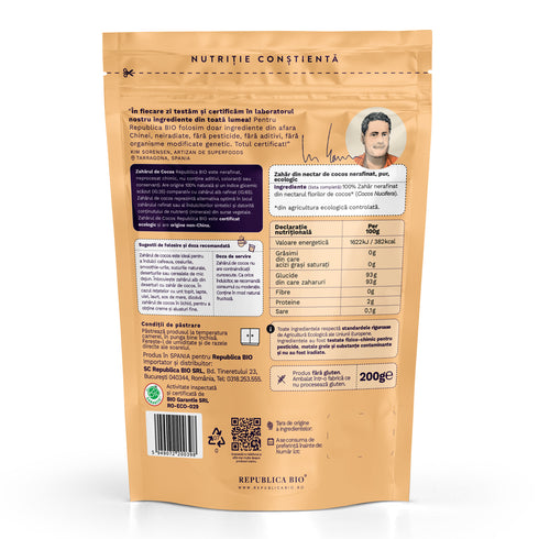 Zahar din nectar de cocos, nerafinat, ecologic, pur, Republica BIO, 200 g