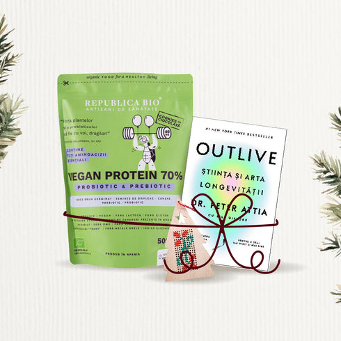 Santa's Strenght, pachet promotional (Vegan Protein 70% cookie + Bradut cusut manual + OUTLIVE - Stiinta si Arta Longevitatii), natural, 830g