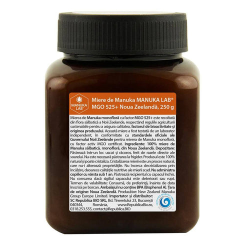 Miere de Manuka MANUKA LAB, MGO 525+ Noua Zeelanda, 250 g, naturala