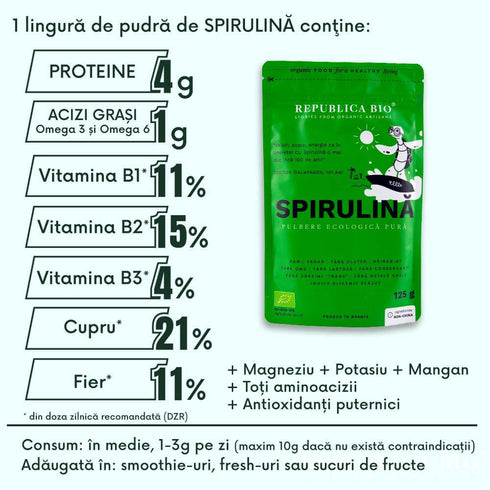 Spirulina, pulbere ecologica pura Republica BIO, 125 g