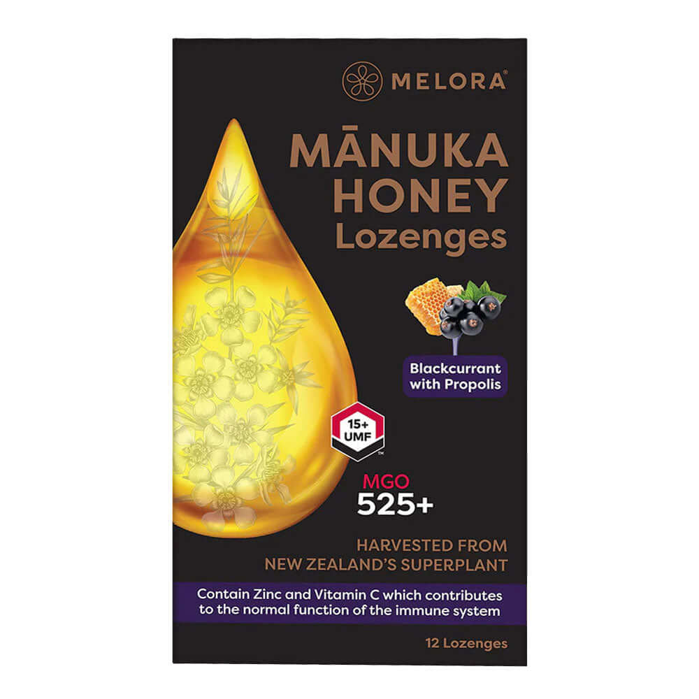 Dropsuri miere de Manuka MGO 525+ (UMF 15+) Melora - coacaze negre si propolis, 12 buc, 48g, naturale - Default