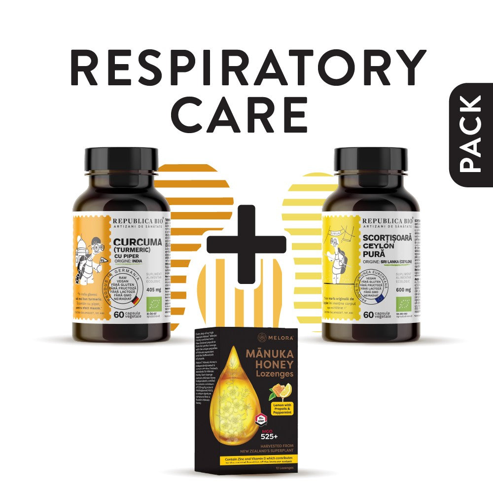 RESPIRATORY CARE, pachet promotional (Dropsuri manuka lamaie + Curcuma capsule + Scortisoara capsule), natural, 93g