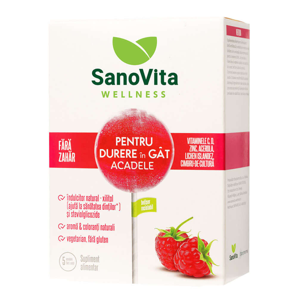 Acadele pentru durere in gat fara zahar SanoVita Wellness, 5 buc, naturale